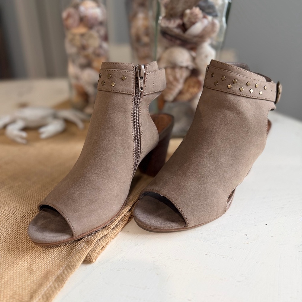 Tan Peep-Toe Heeled Boots